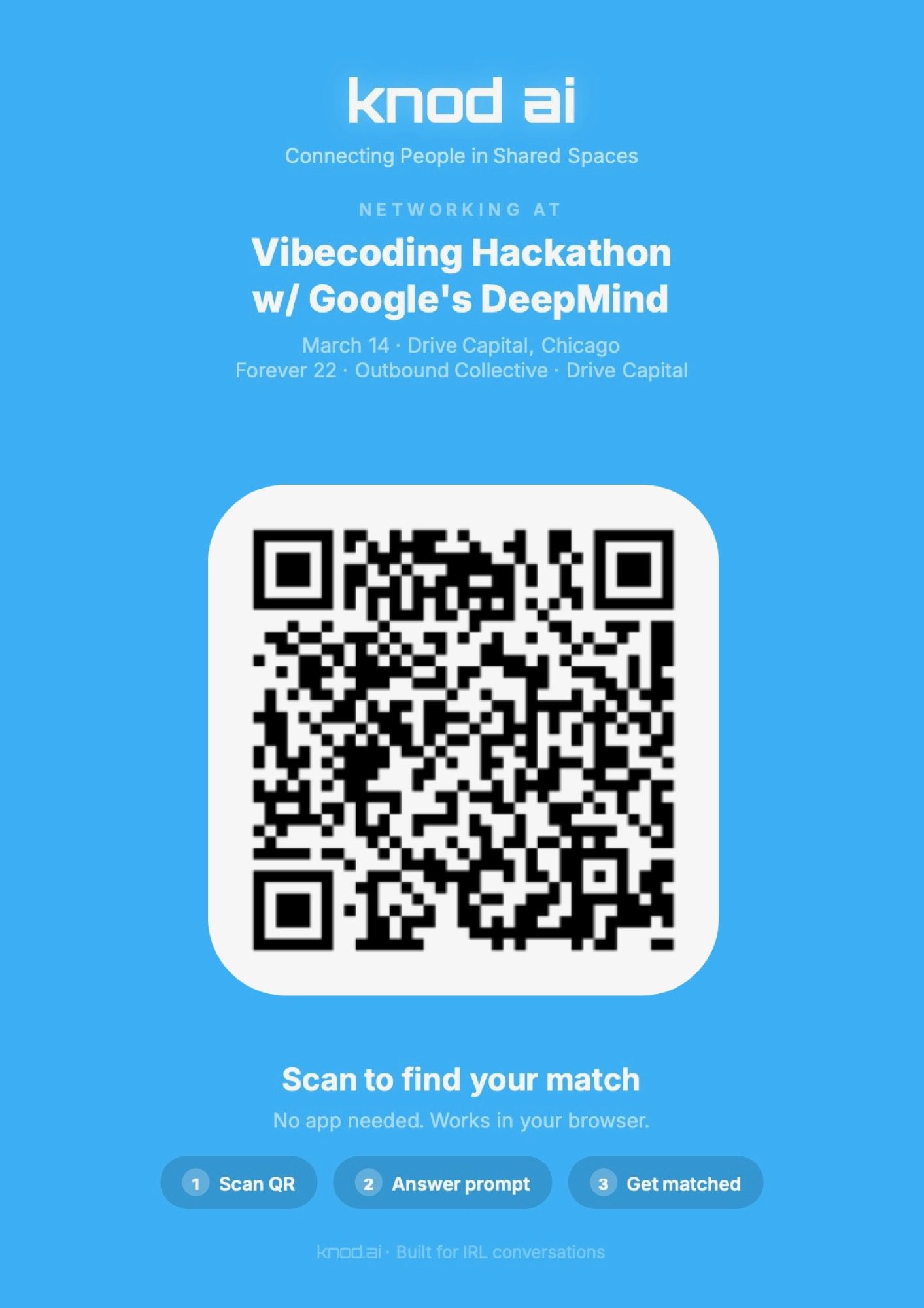 The Vibecoding Hackathon with Google's DeepMind event poster with a Knod QR code